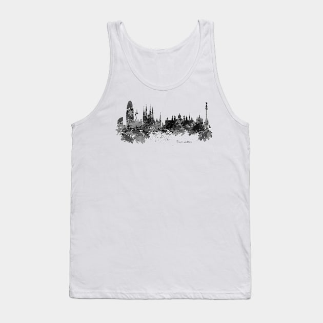 Barcelona Black and White Watercolor Skyline Tank Top by Marian Voicu